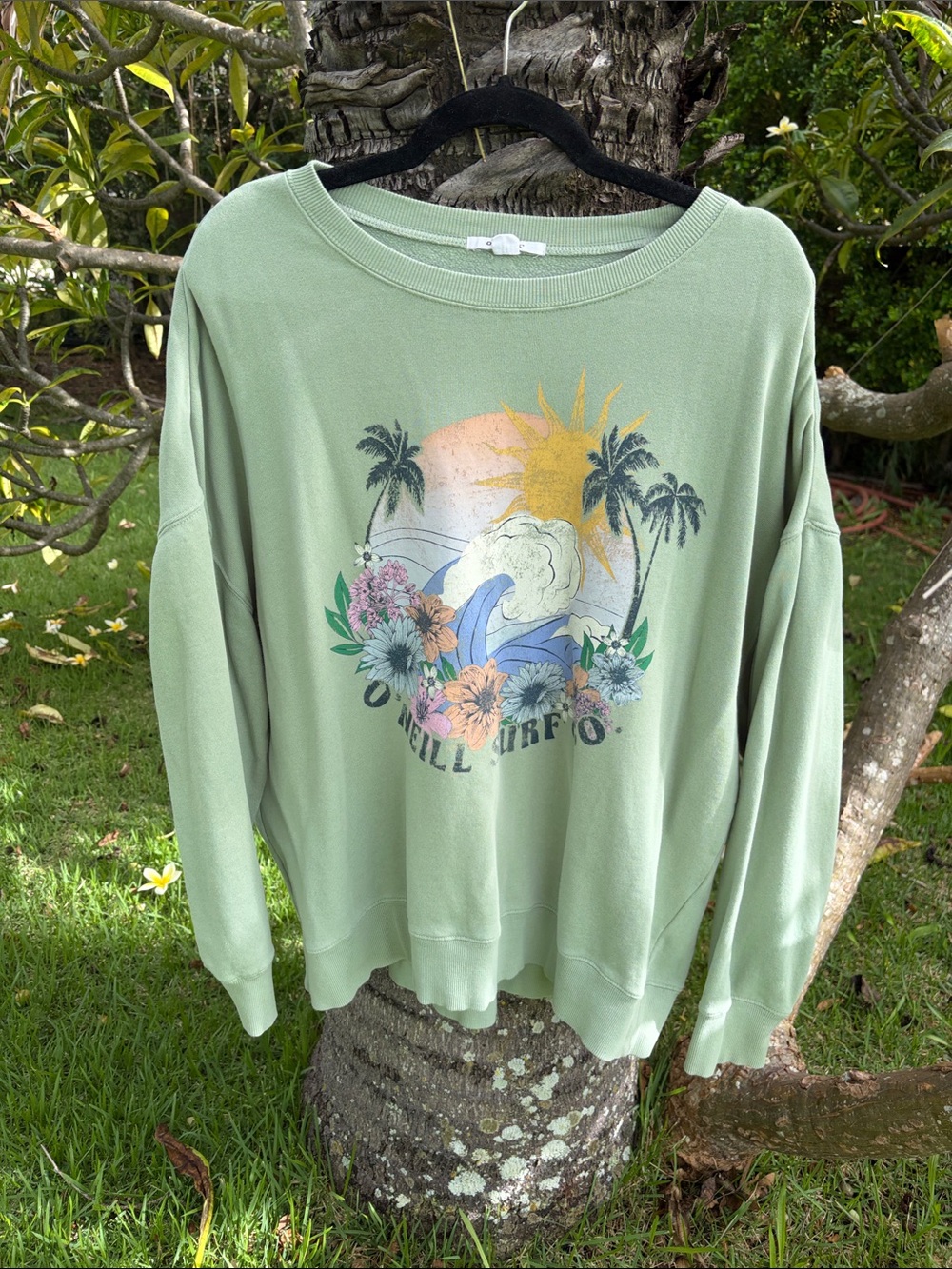 O'Neill Sage Green Oversized Drop Sleeve Crewneck with Surf and Floral Graphic